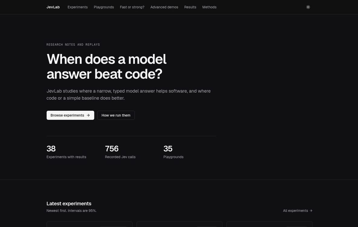 JevLab: when does a model answer beat code?